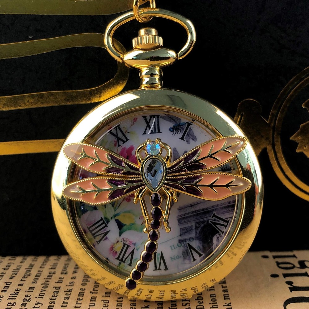Dragonfly NEW Pocket Watch Dragon Fly Insect Gold Crystal Jewel